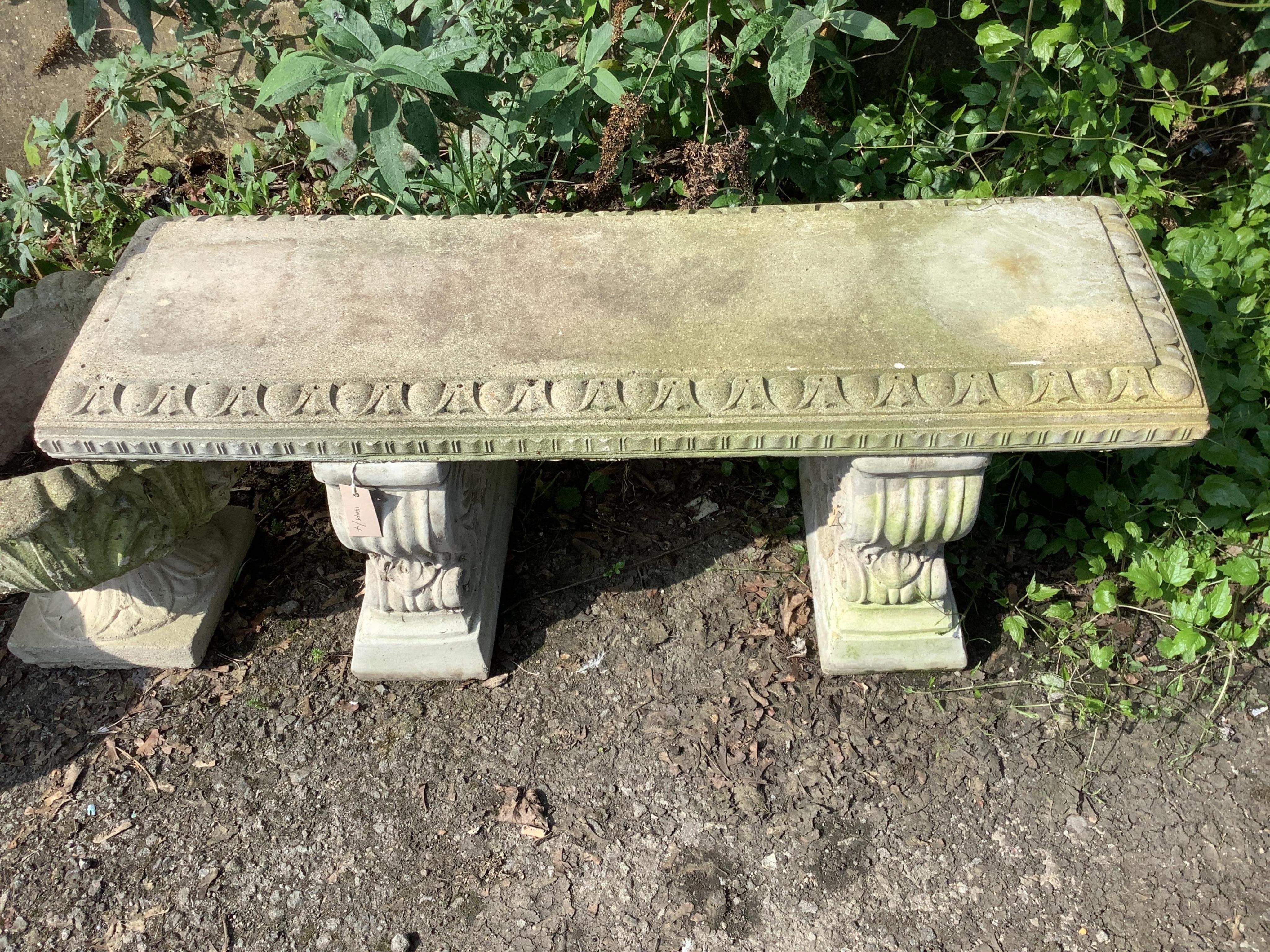 A reconstituted stone rectangular garden seat, width 116cm, depth 36cm, height 44cm